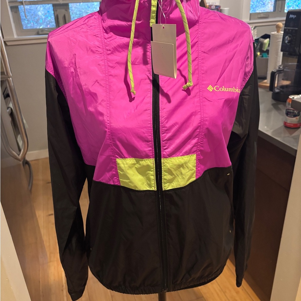 Columbia Pink and Black Windbreaker with Lime Drawcord